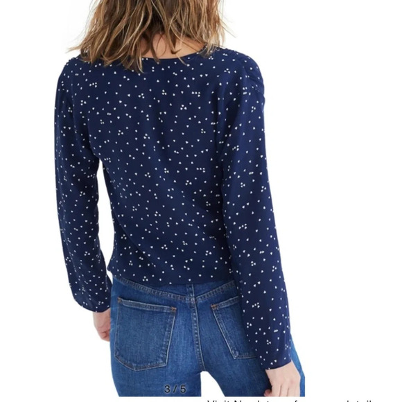 Madewell Faux Wrap 100% Silk Top with Heart Detailing Deep Navy Size Small EUC - Picture 2 of 7